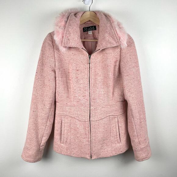 y2k Pink Tweed Wool Blend Coat Size S Faux Fur Trim Full Zip Jacket Bratz Doll - Picture 11 of 11